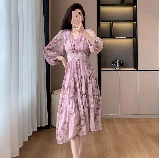 Floral V-neck Slimming Waist Chiffon Short-sleeve Dress