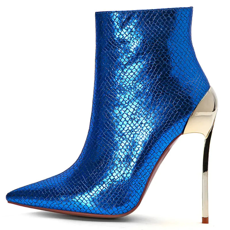 Snake Print High Heeled Ankle Boots with Pointed Toe