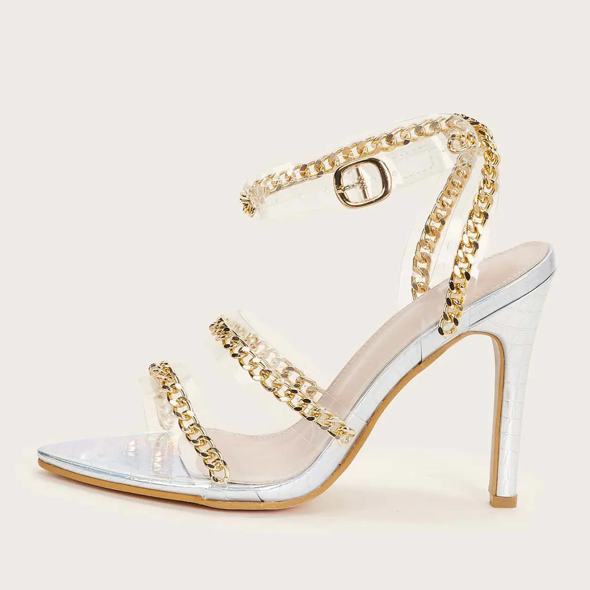 Pointed Toe Stiletto High Heel Sandals with Chain Vamp