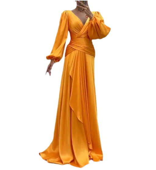 Fitted Waist Pleated Long Sleeve Slimming Dress