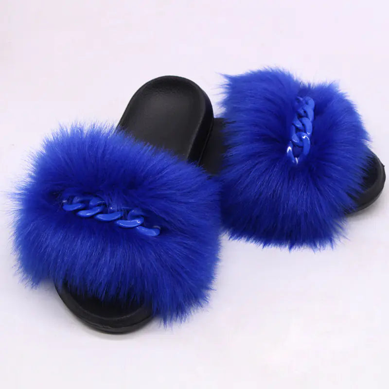 Faux Fox Fur Plush Flip-Flop Sandals for Women