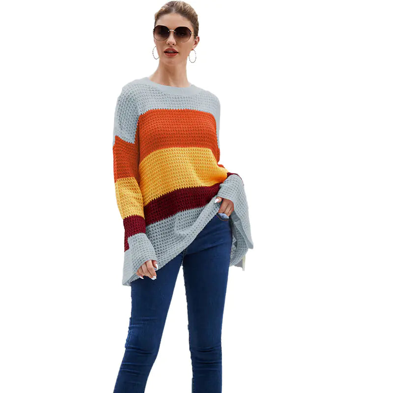 Plus Size Loose Knit Striped Rainbow Sweater
