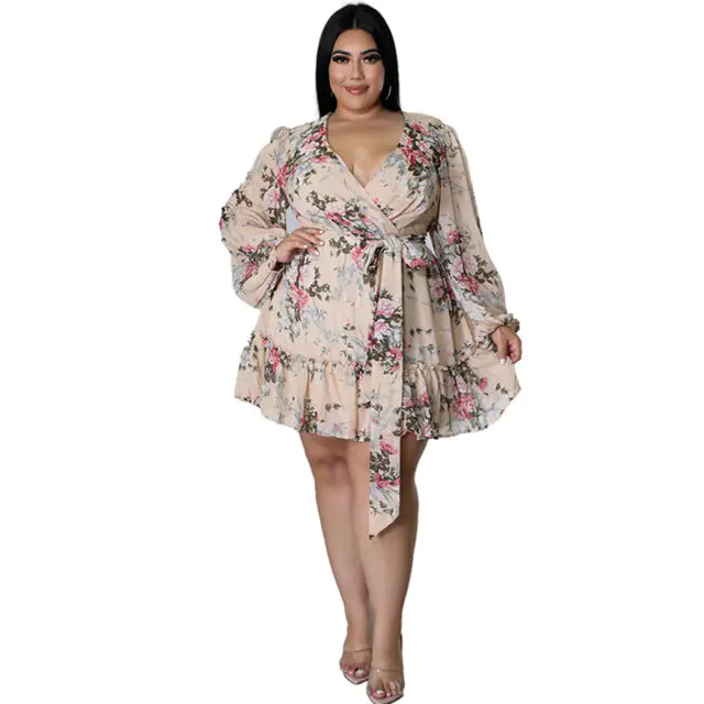 Plus Size Floral Chiffon Dress with V-Neck for Women