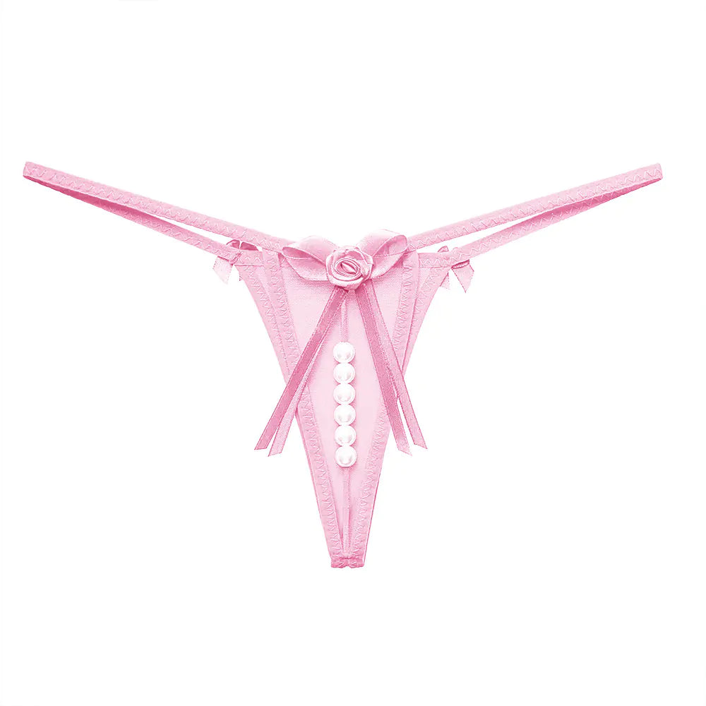 Lace-Trimmed T-Back Panties with Pearl Massage Details