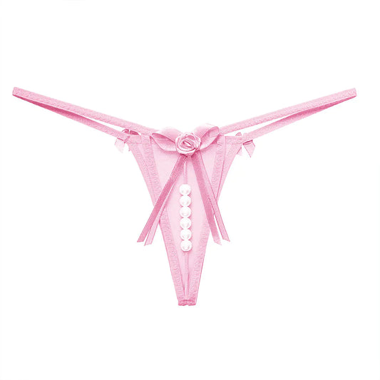 Lace-Trimmed T-Back Panties with Pearl Massage Details