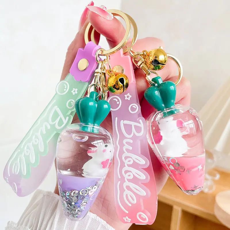 Carrot Rabbit Keychain with Floating Liquid Pendant