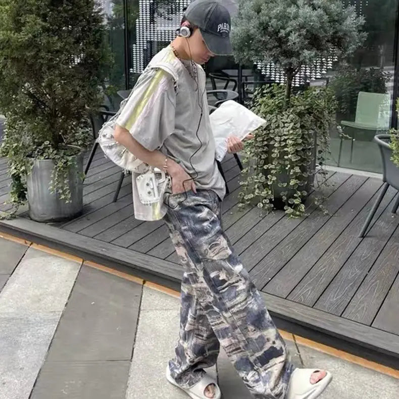 Men's Casual Digital Print Distressed Jeans