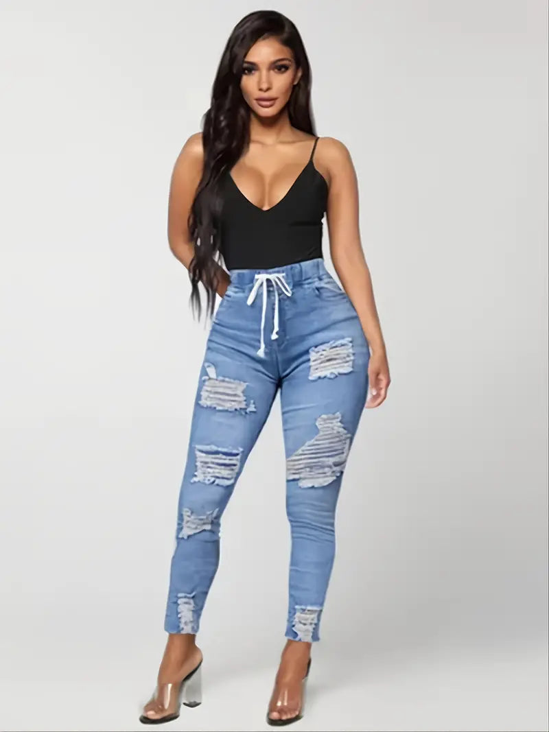 Women's Distressed Slim Fit Denim Jeans with Rips