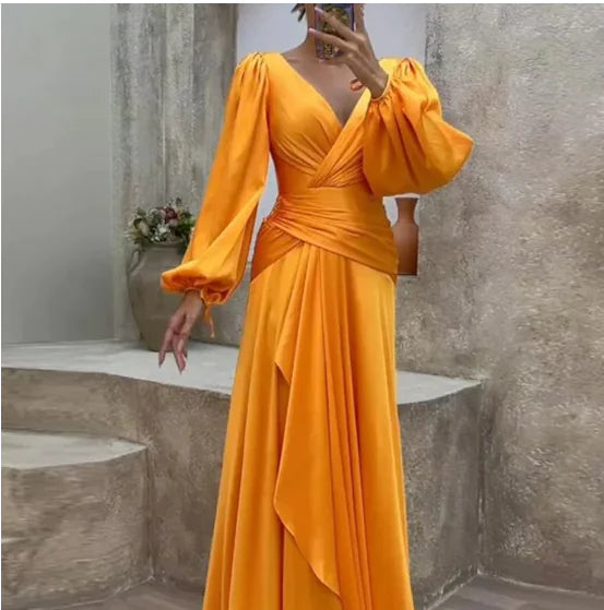 Fitted Waist Pleated Long Sleeve Slimming Dress