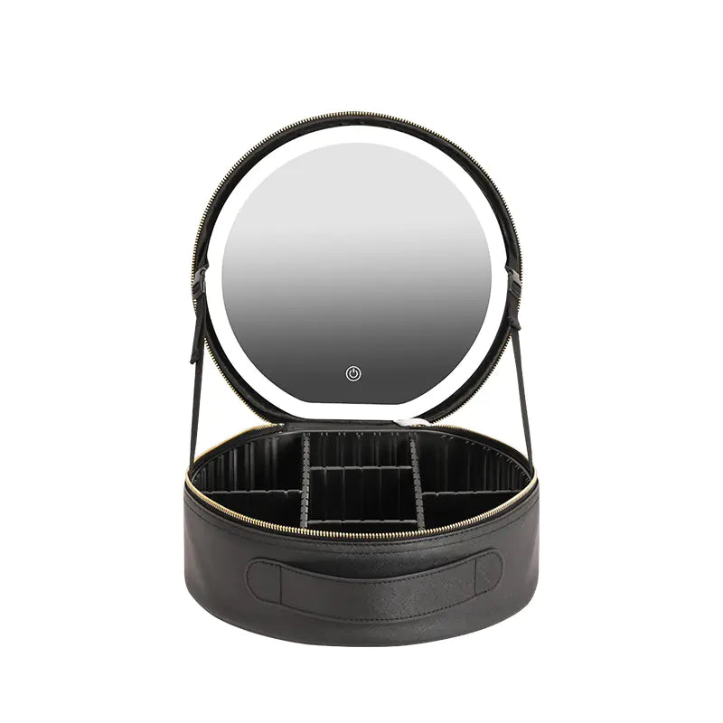 Round Makeup Bag with Mirror and LED Light (Large Capacity)