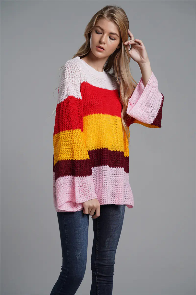 Plus Size Loose Knit Striped Rainbow Sweater