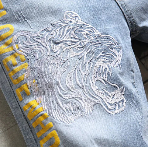 Men's Embroidered Stretch Denim Five-Point Shorts