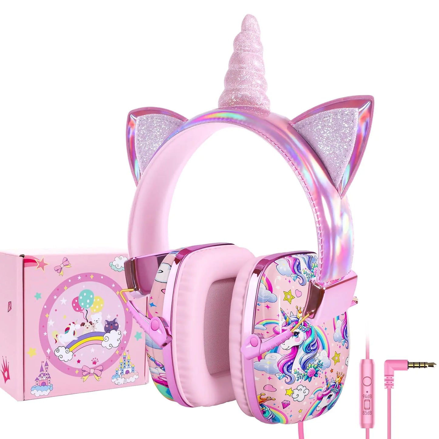 TCJJ Unicorn Headphones for Girls to School Kids Wired Headphones with Mic & 3.5mm Jack Safe Volume 85/94dBNoise Cancelling Over-Ear Headphone with Adjustable Headband for iPad/Smartphones-Pink