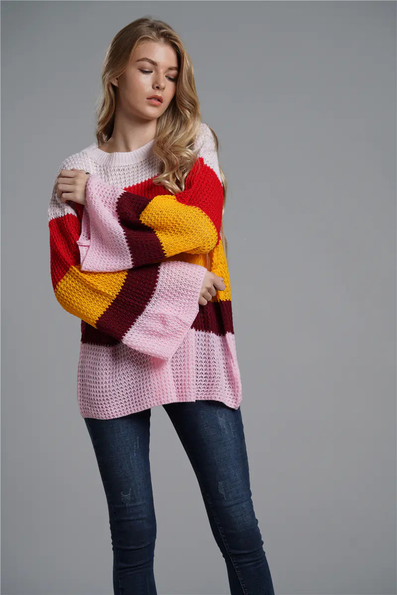 Plus Size Loose Knit Striped Rainbow Sweater
