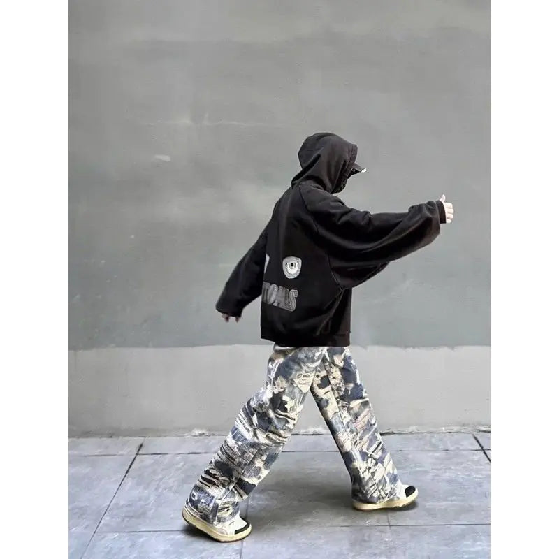 Men's Casual Digital Print Distressed Jeans