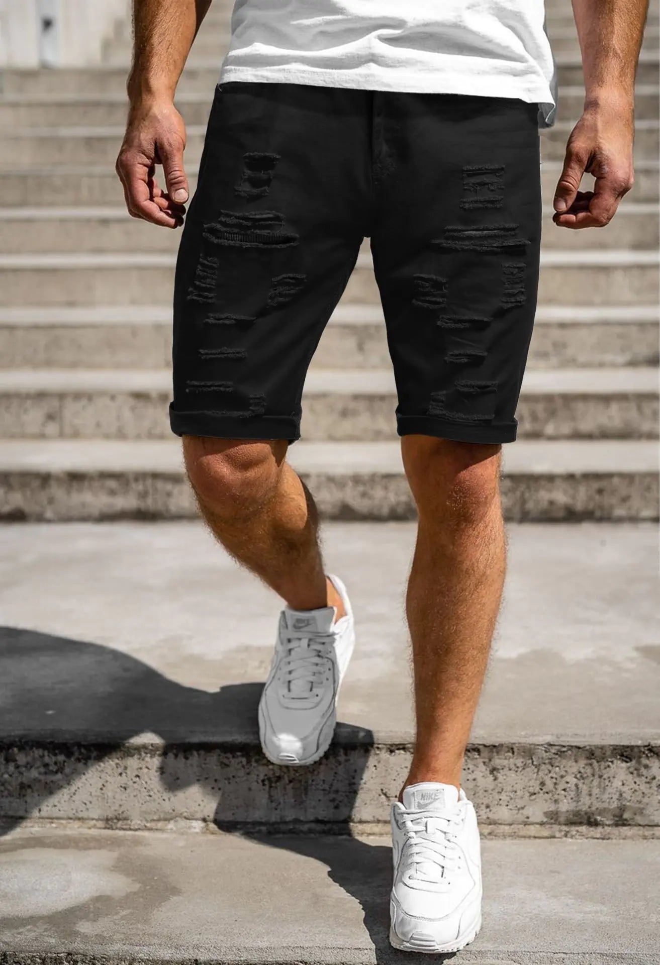 Men's Ripped Denim Shorts - Solid Color Five Pocket Style