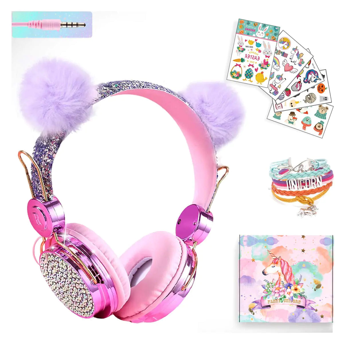 SVYHUOK Girls Purple Pompon Wired HeadphonesCute Cat Ear Kids Game Headset for Teens Tablet Laptop PCOver Ear Children Headset withMicfor School Birthday Xmas Gifts