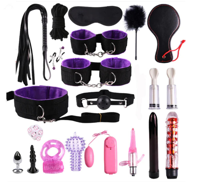 Adult BDSM Tool Kit with Cuffs, Whip, and Accessories