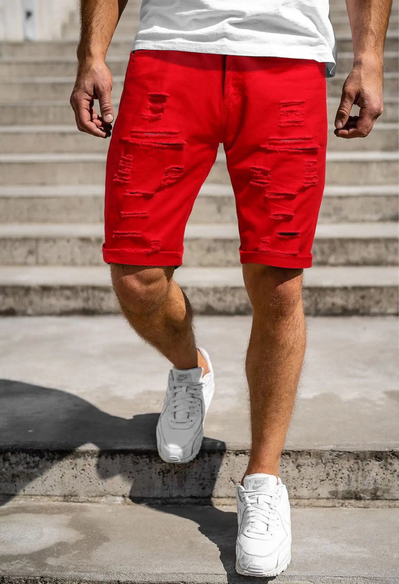 Men's Ripped Denim Shorts - Solid Color Five Pocket Style