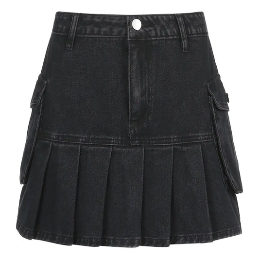 High Waist Denim Pleated Skirt