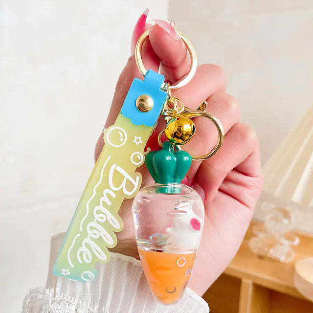 Carrot Rabbit Keychain with Floating Liquid Pendant