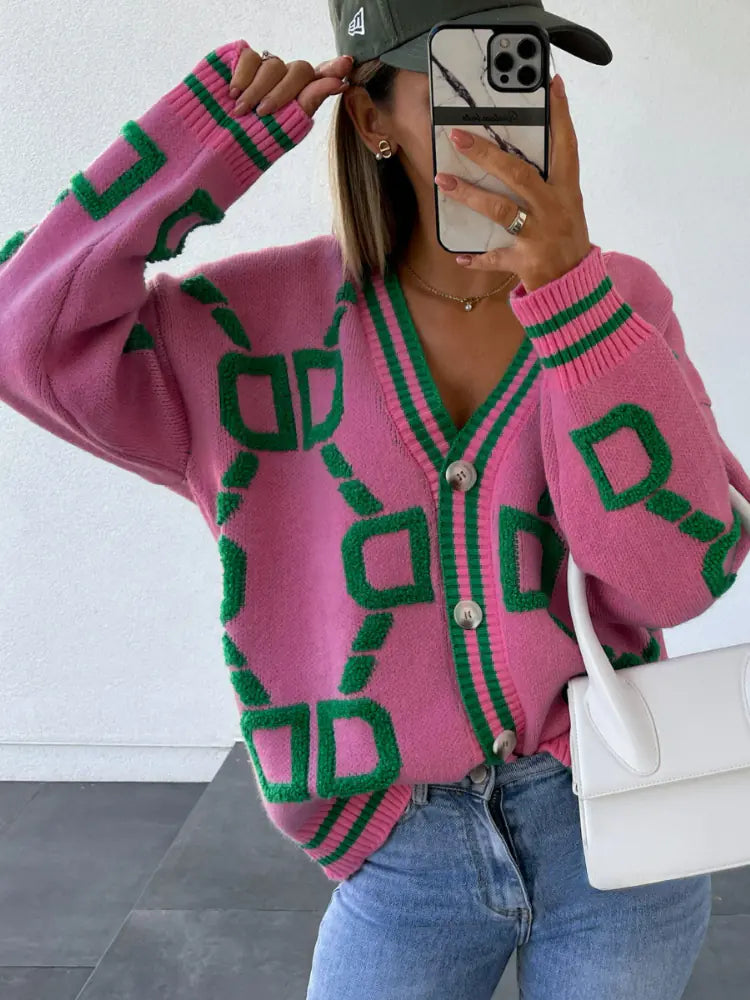 Women's Letter Printed V-Neck Cardigan Sweater