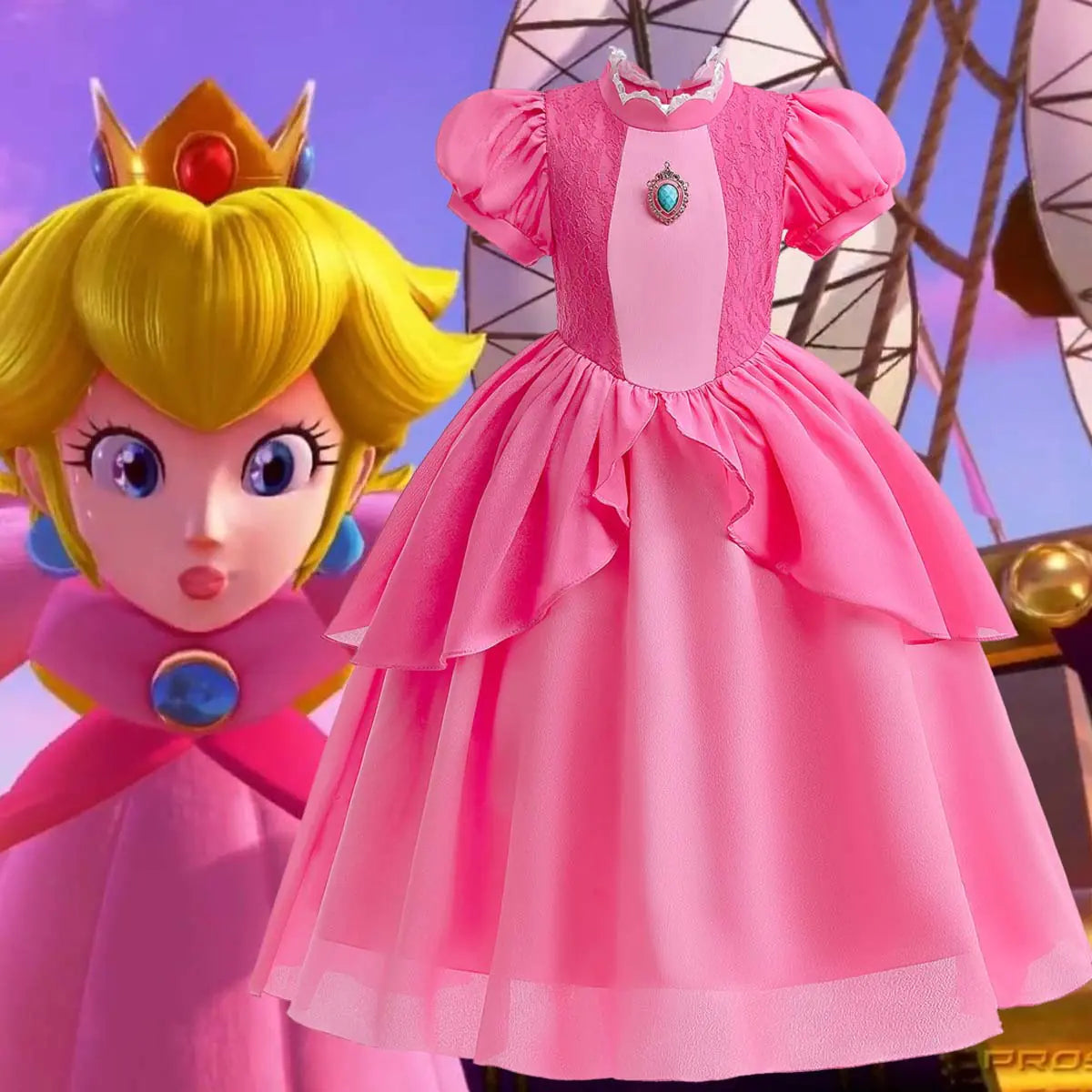 Princess Peach Cosplay Dress with Puff Sleeves