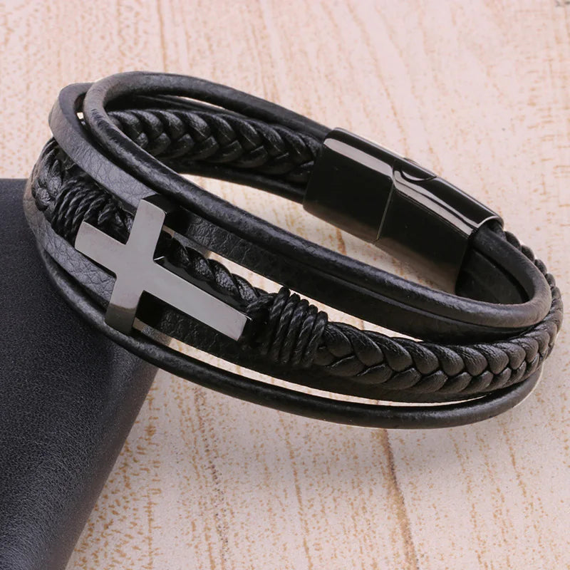 Men's Retro Braided Leather & Steel Bracelet