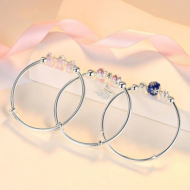 Silver Round Lucky Bead Sakura Dreamcatcher Bracelet