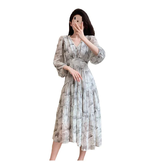 Floral V-neck Slimming Waist Chiffon Short-sleeve Dress