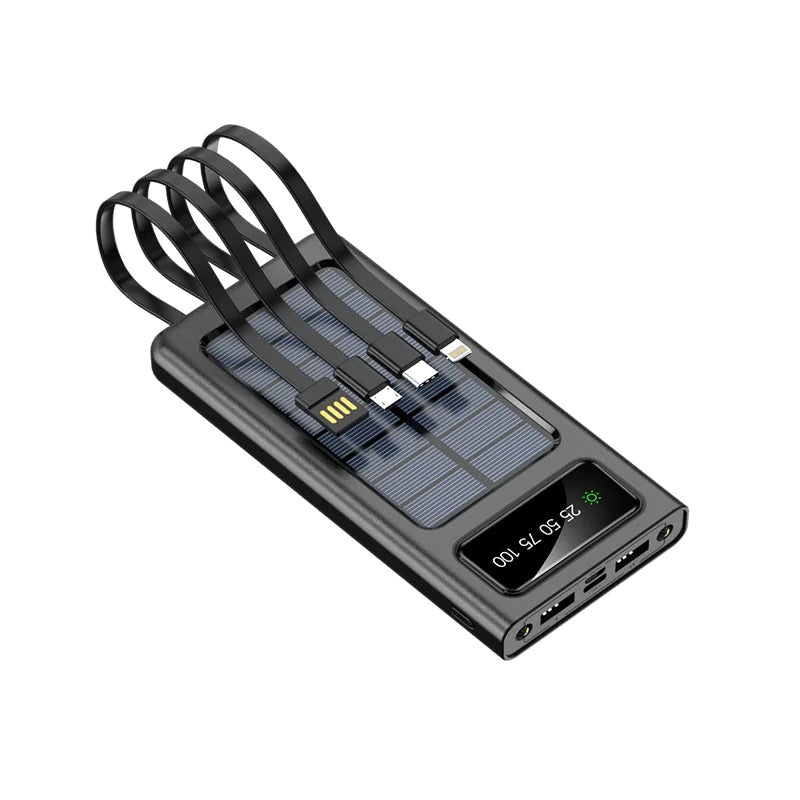 Solar Power Bank with Built-in Four Cables, 20000mAh Portable Charger for Mobile Phones