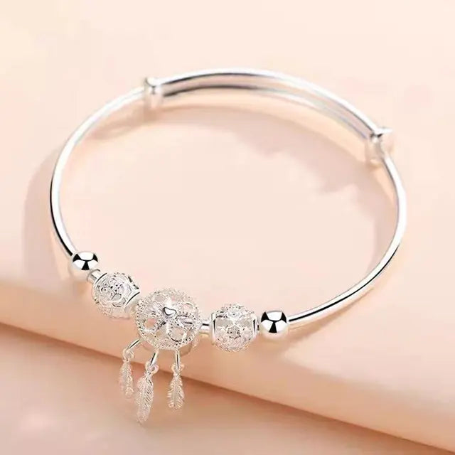 Silver Round Lucky Bead Sakura Dreamcatcher Bracelet
