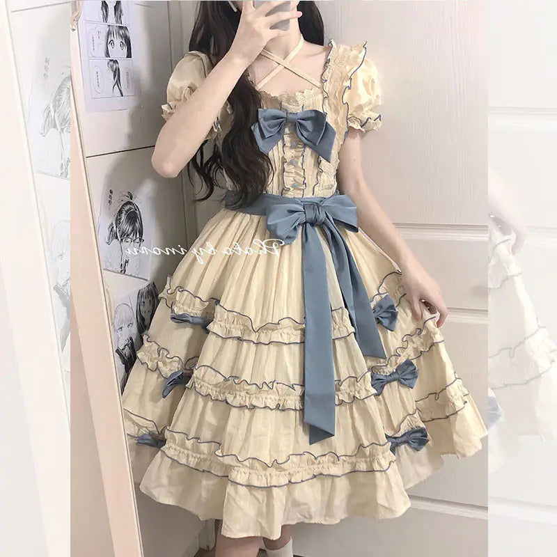 French Lolita Princess Dress with Lace Puff Sleeves