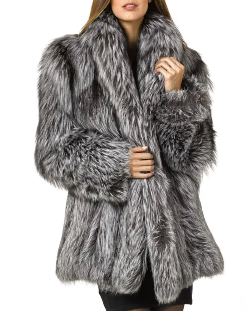 Winter Faux Fur Coat with Fox Fur Collar for Women