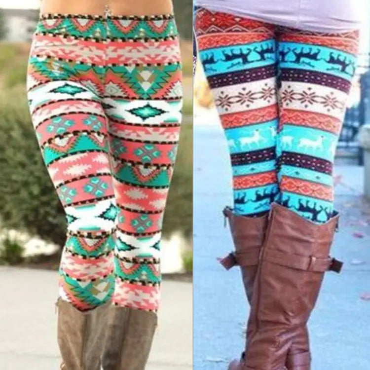 Christmas Print Plus Size Stretch Pants with Reindeer