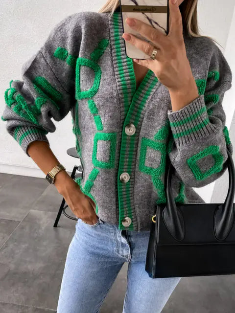 Women's Letter Printed V-Neck Cardigan Sweater