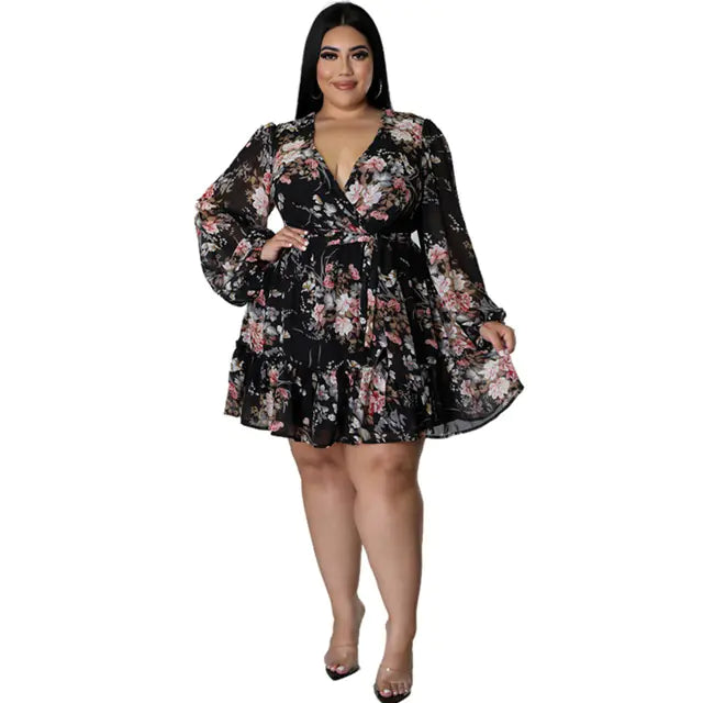 Plus Size Floral Chiffon Dress with V-Neck for Women