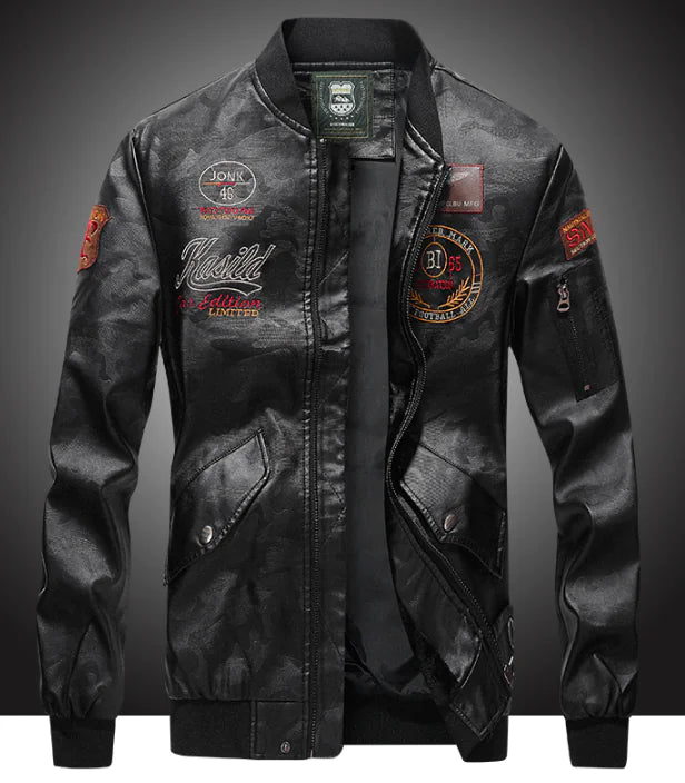 Men's Air Force Pilot PU Leather Jacket with Embroidery