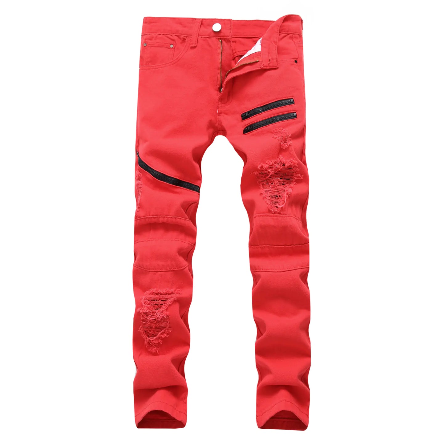 Men's Zippered Casual Jeans with Distressed Detail