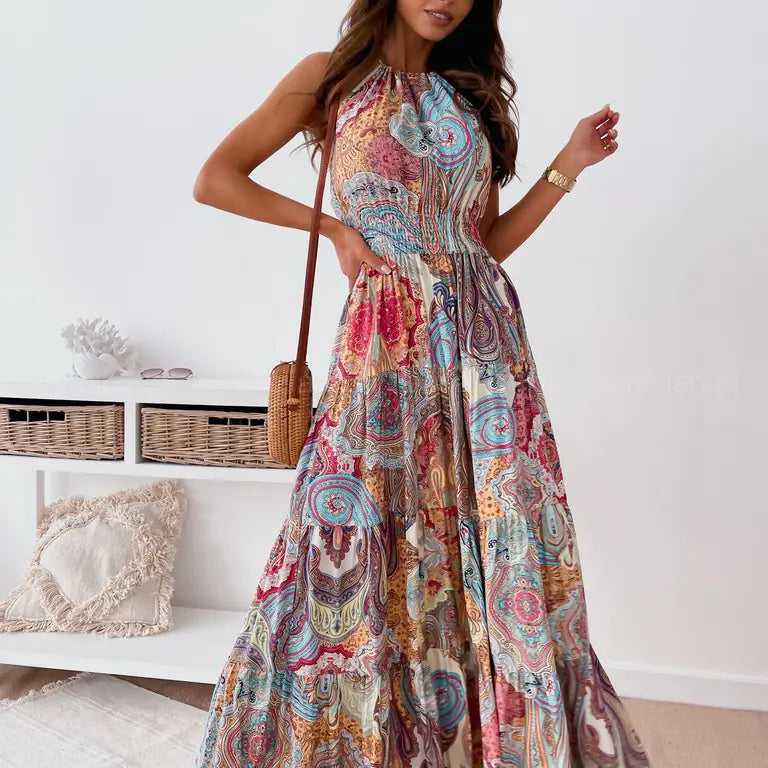 Bohemian Floral Backless Maxi Dress for Summer Outings