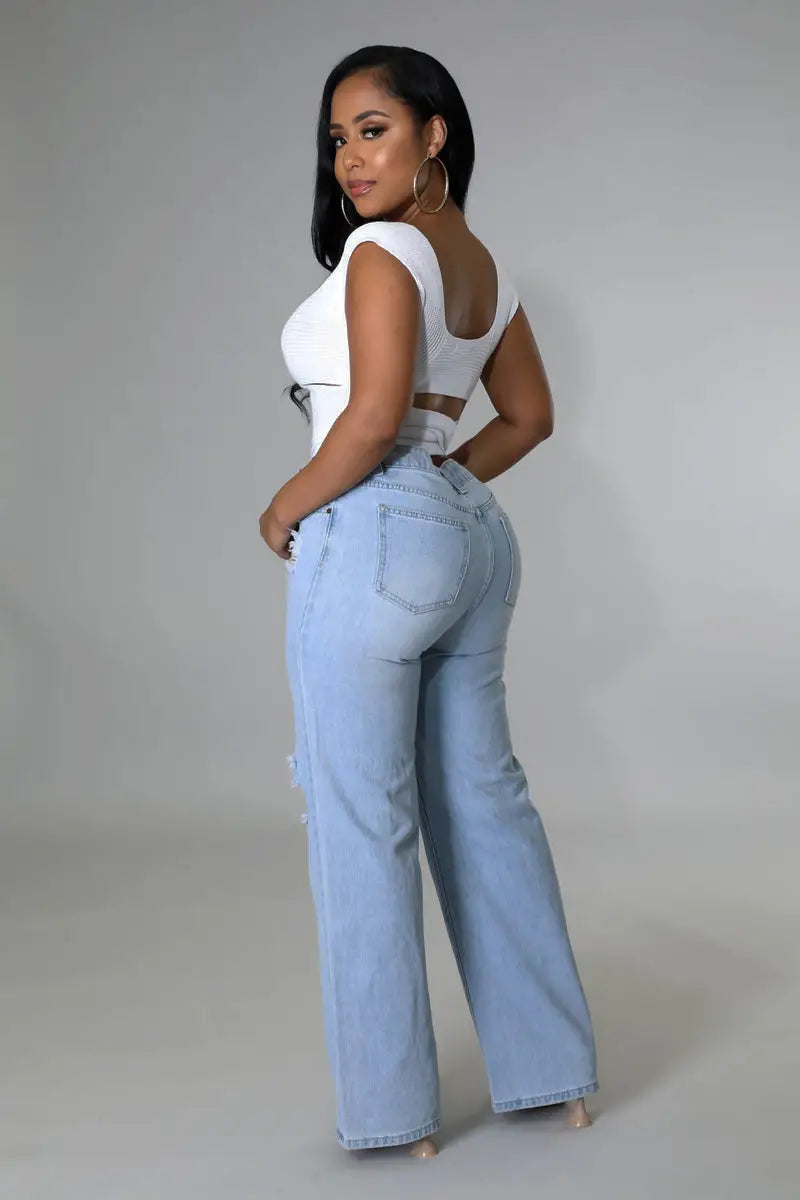 Women's Ripped Straight Boyfriend Denim Wide-Leg Jeans