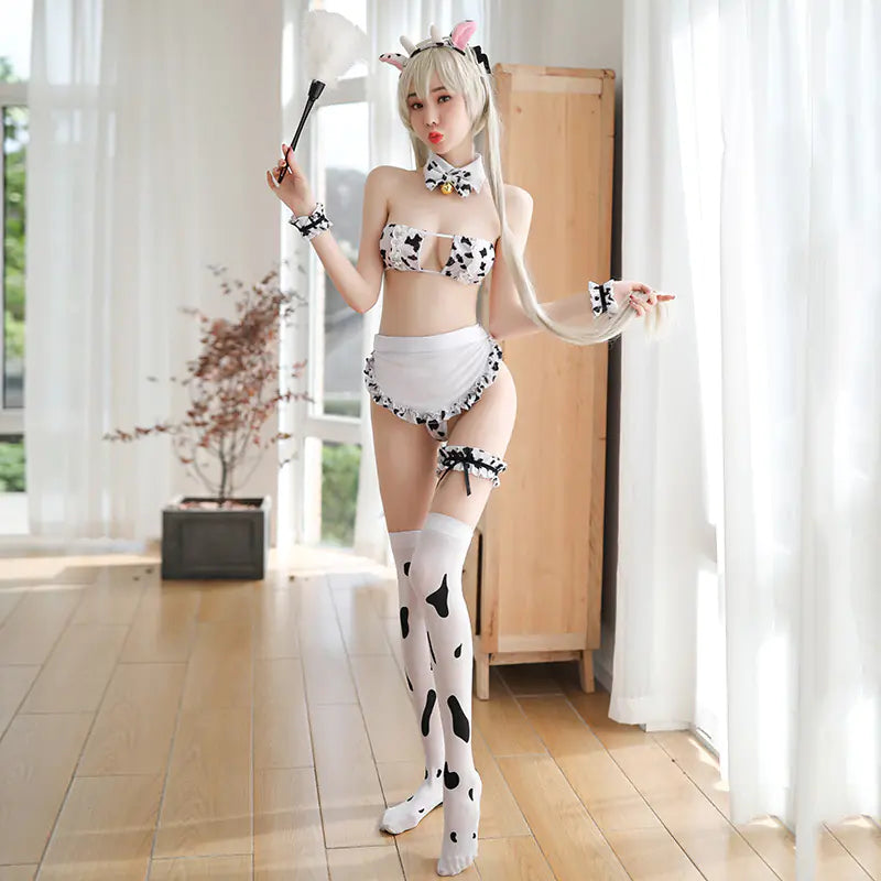 Cute Cow Print Maid Outfit with Lingerie Set for Women