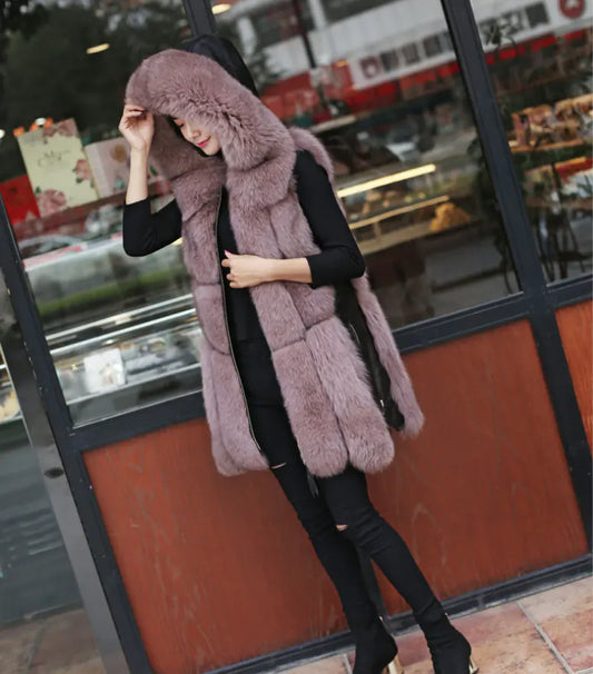 Faux Fox Fur Mid-Length Stitching Coat