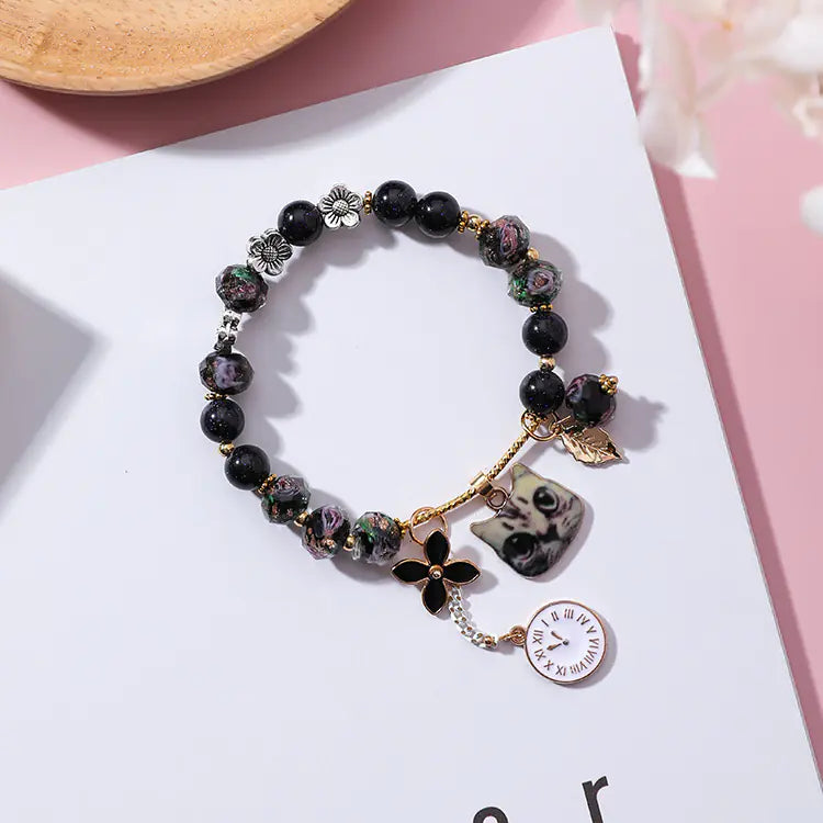 Glass Bead Bracelet with Cat Design