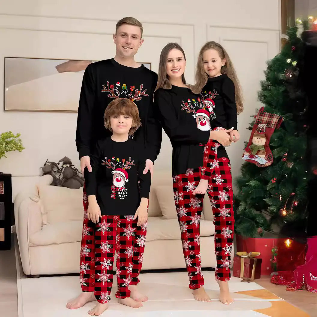 Christmas Family Pajamas with Cartoon Reindeer Print