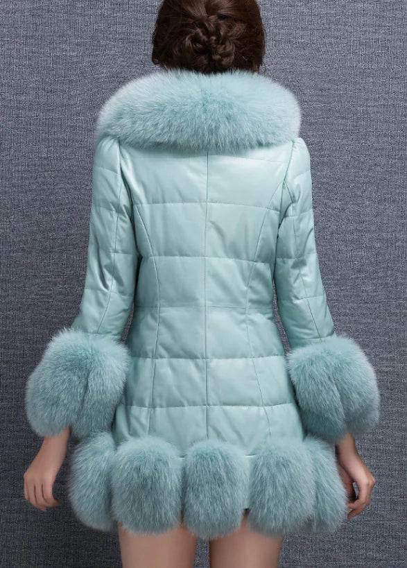 Slim Fit Mid-Length Faux Fur Coat with Fox Fur Collar