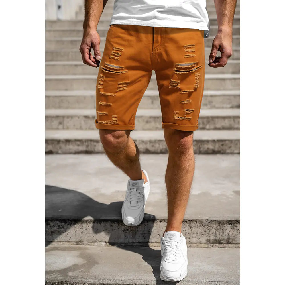 Men's Ripped Denim Shorts - Solid Color Five Pocket Style
