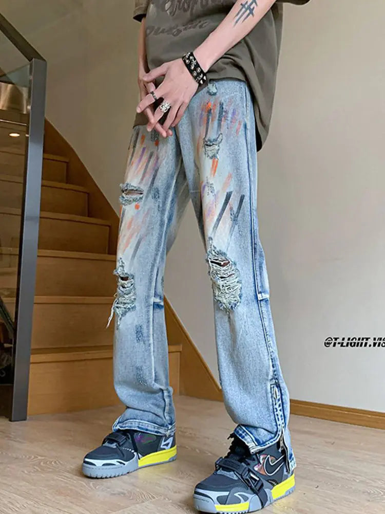 Paint Splatter Distressed Jeans with Zippered Cuffs