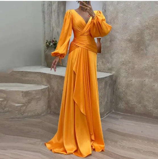 Fitted Waist Pleated Long Sleeve Slimming Dress