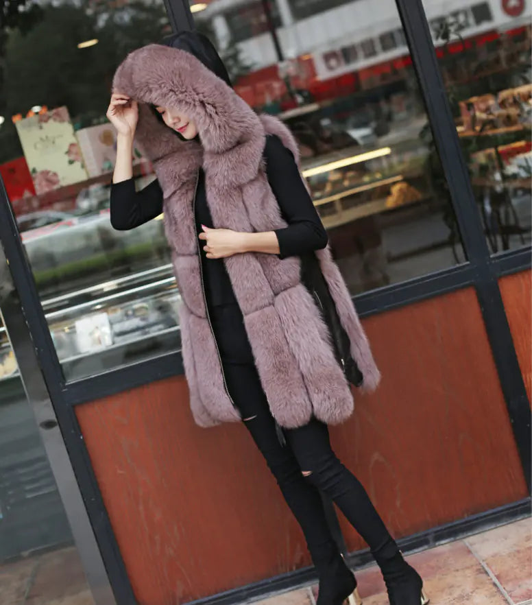 Faux Fox Fur Mid-Length Stitching Coat